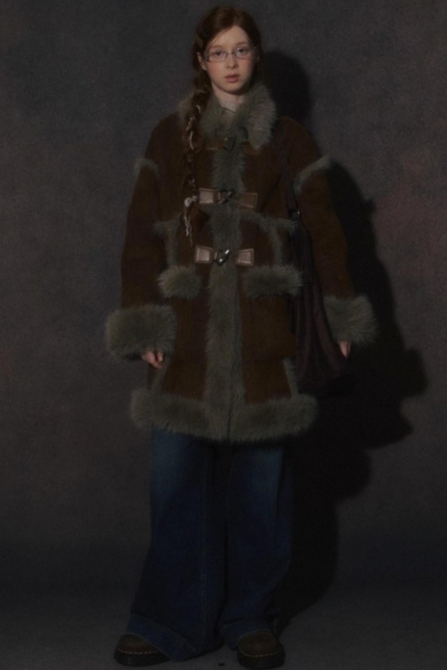 Integrated Fur Collar Horn Button Jacket