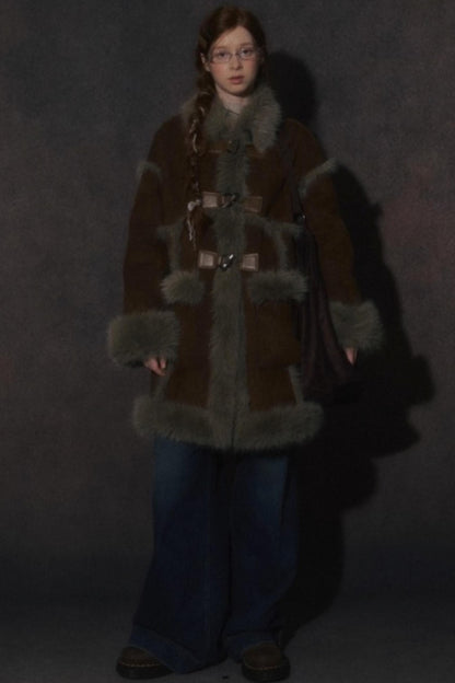 Integrated Fur Collar Horn Button Jacket