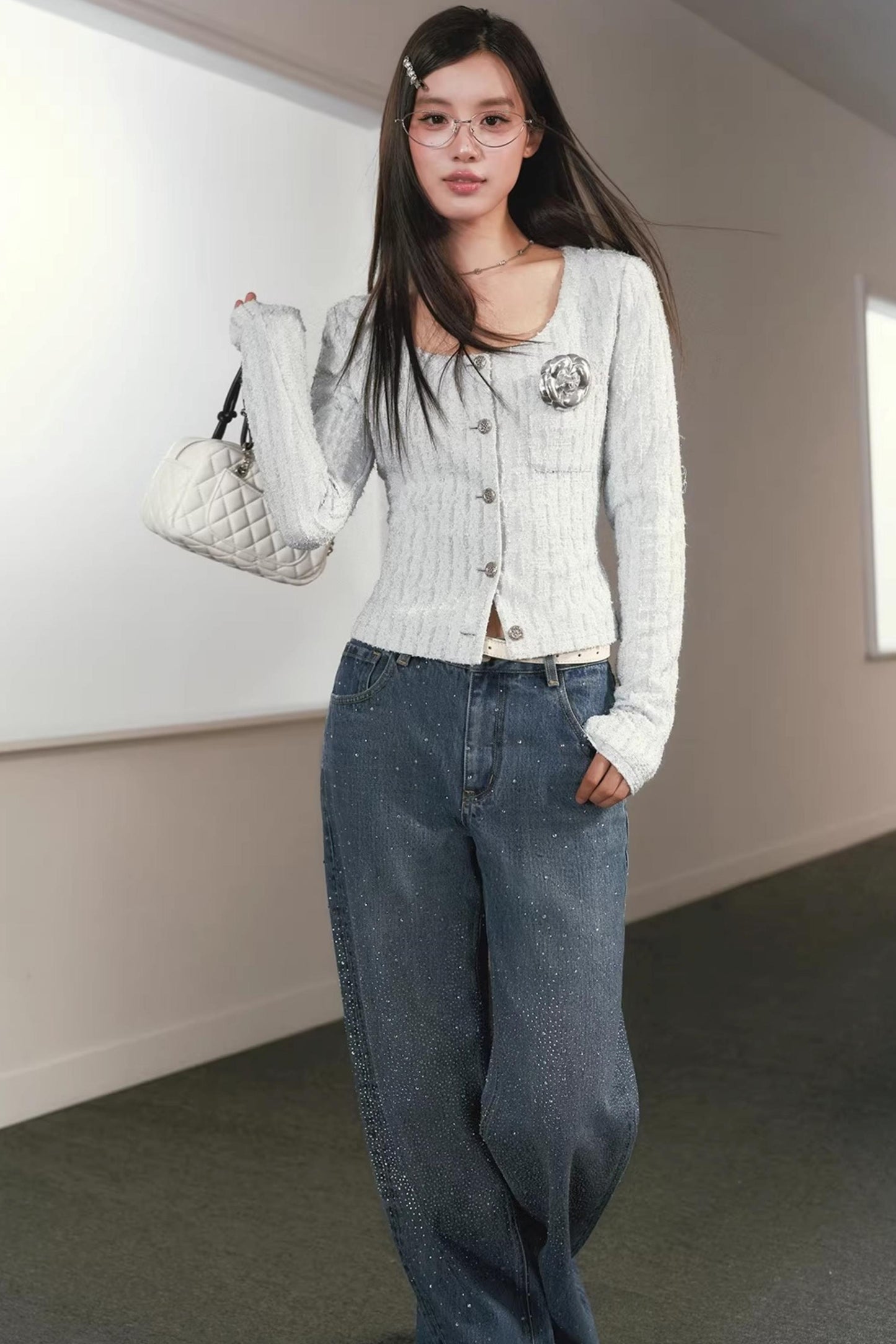 Silver Silk Retro Cardigan Top