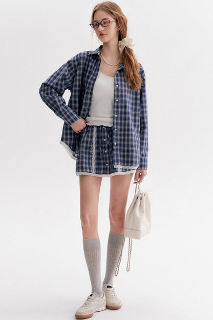 Lace Panel Check Loose Shirt Set-Up
