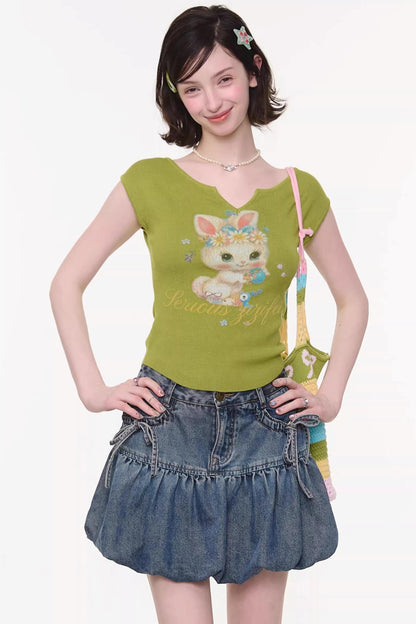 Green Rabbit Print Top