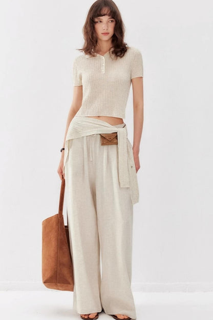 Chic Linen-Cotton Blazer & Wide Leg Pant Set-Up