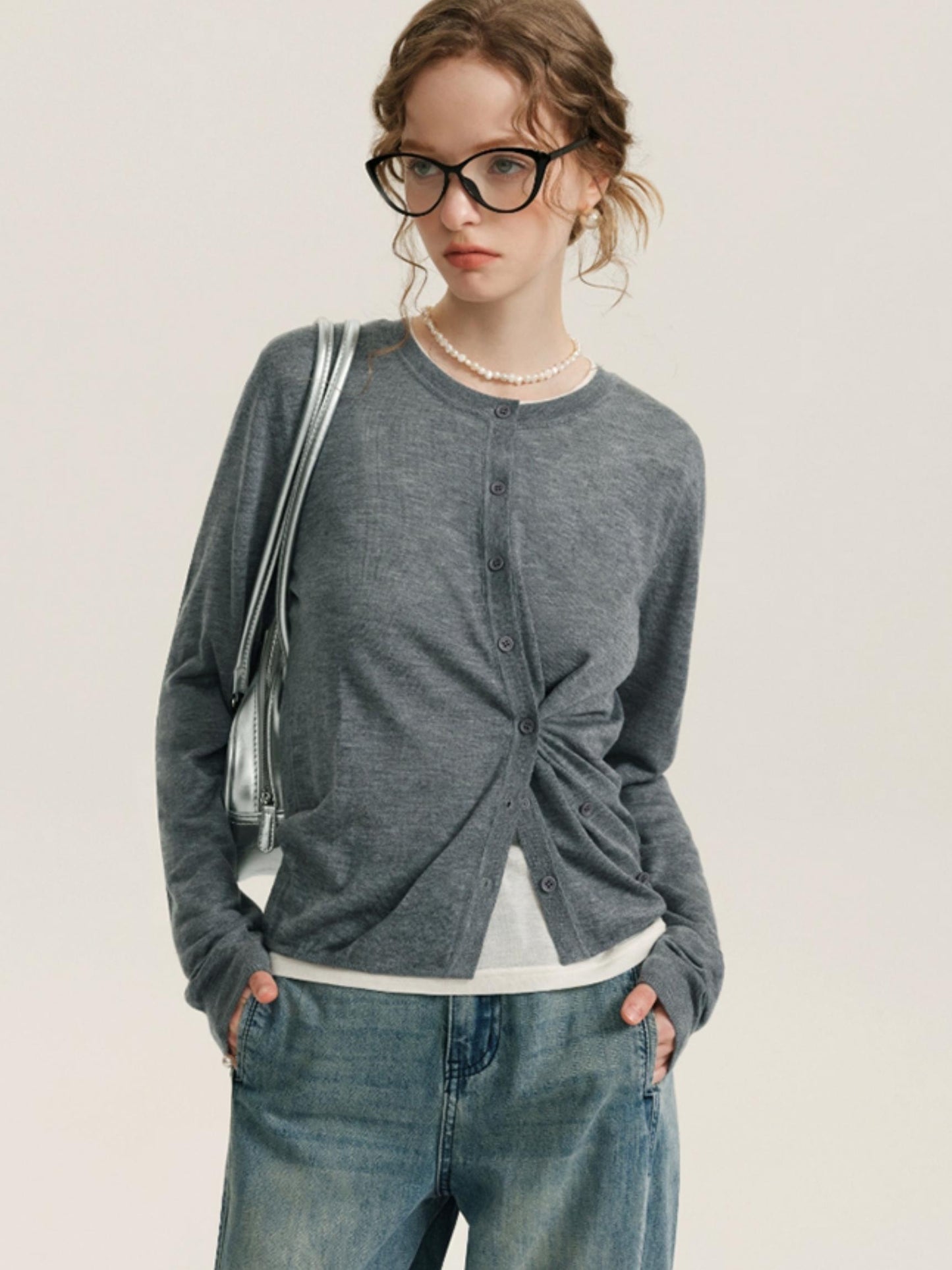 8.15 New members 85% off multi-colour crewneck wool blend knitwear misplaced button design skin-friendly thin cardigan