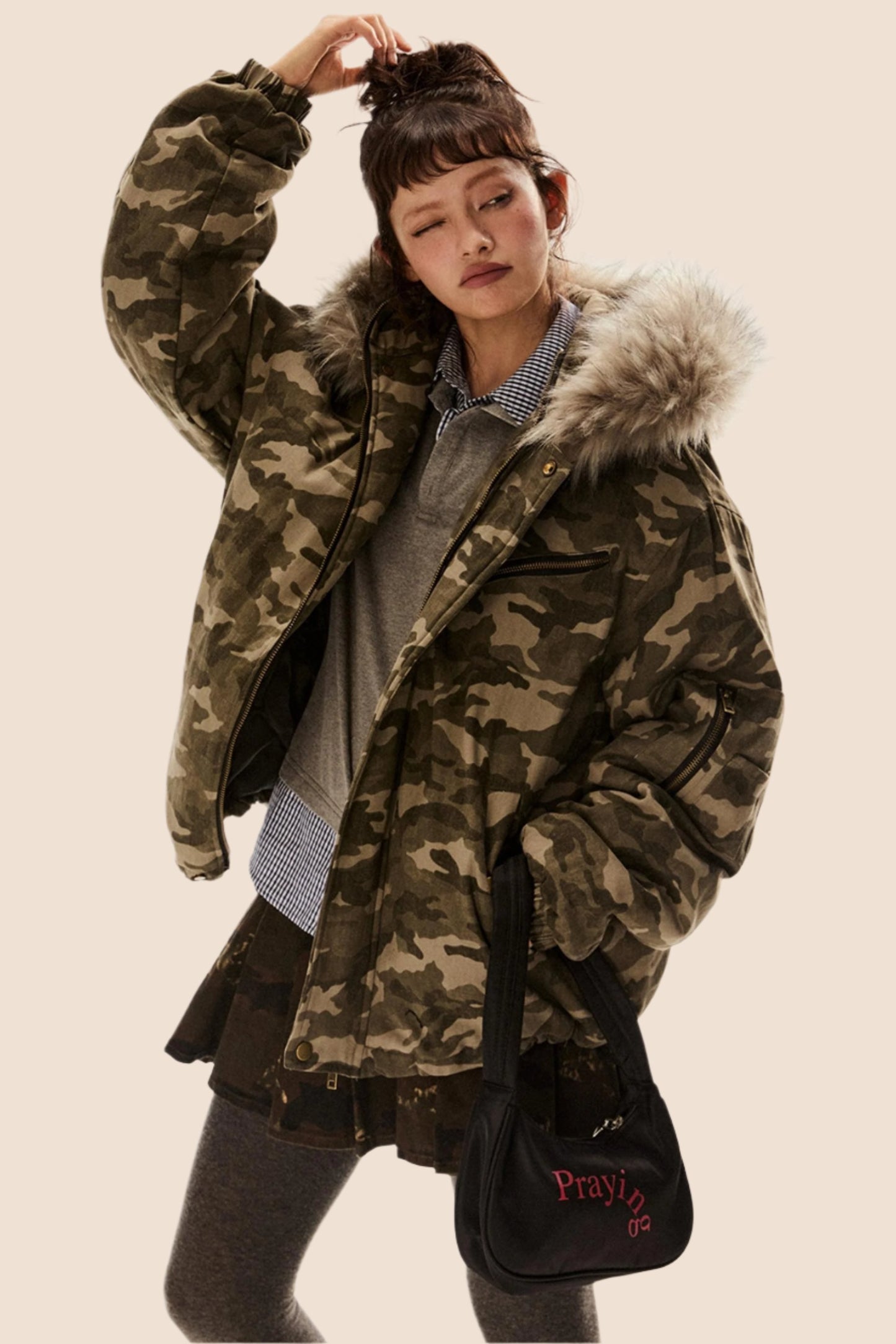 EZEK American Retro Army Green Camouflage Pelzkragen Kapuzenjacke Thickened Cotton Jacket Women's Winter New Jacket Cotton Jacket