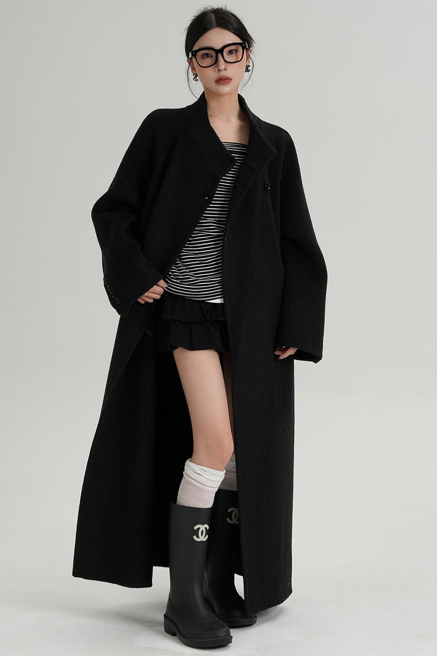 Diagonal Collar Woolen Long Coat