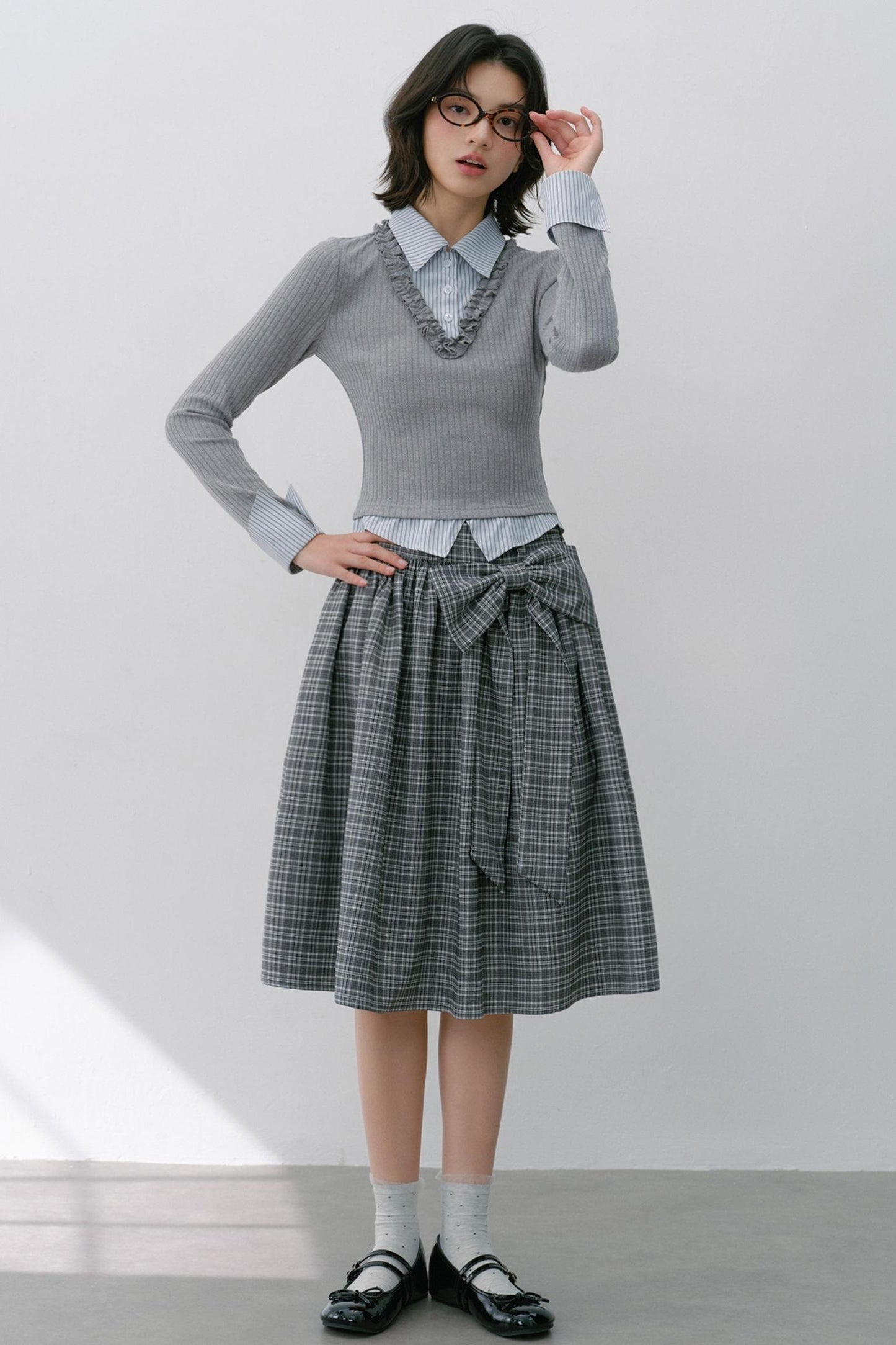 Gray Knit Patchwork Vertical Striped Fungus Edge Top