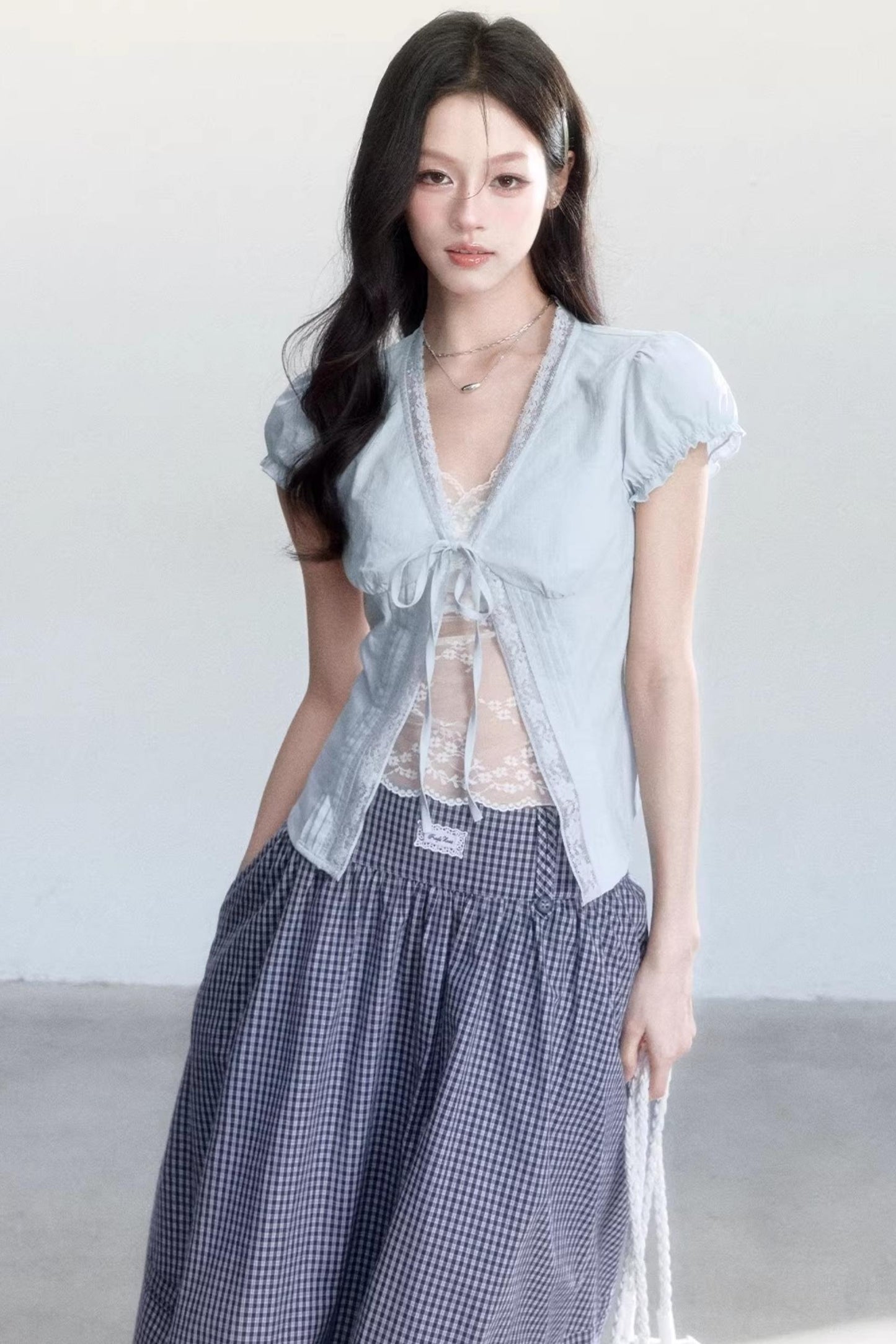 Lace-Up Top and Plaid Skirt Set-Up
