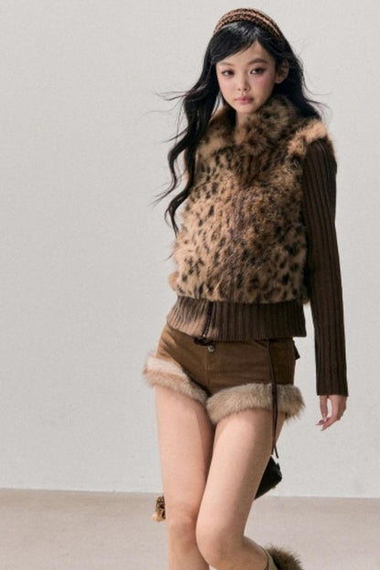 Faux Fur Leopard Knit Jacket
