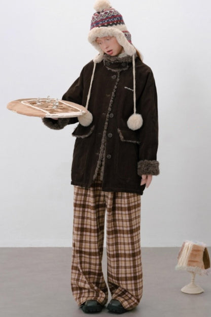 Corduroy Patchwork Fur Collar Jacket