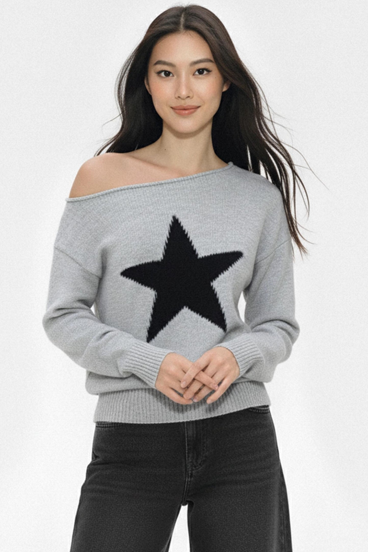 Contrasting Star Off-Shoulder Sweater