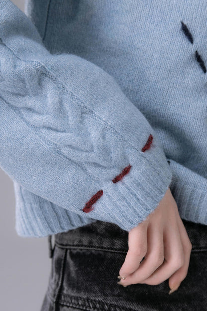 Sky Blue Contrasting Hand-Stitched Jumper