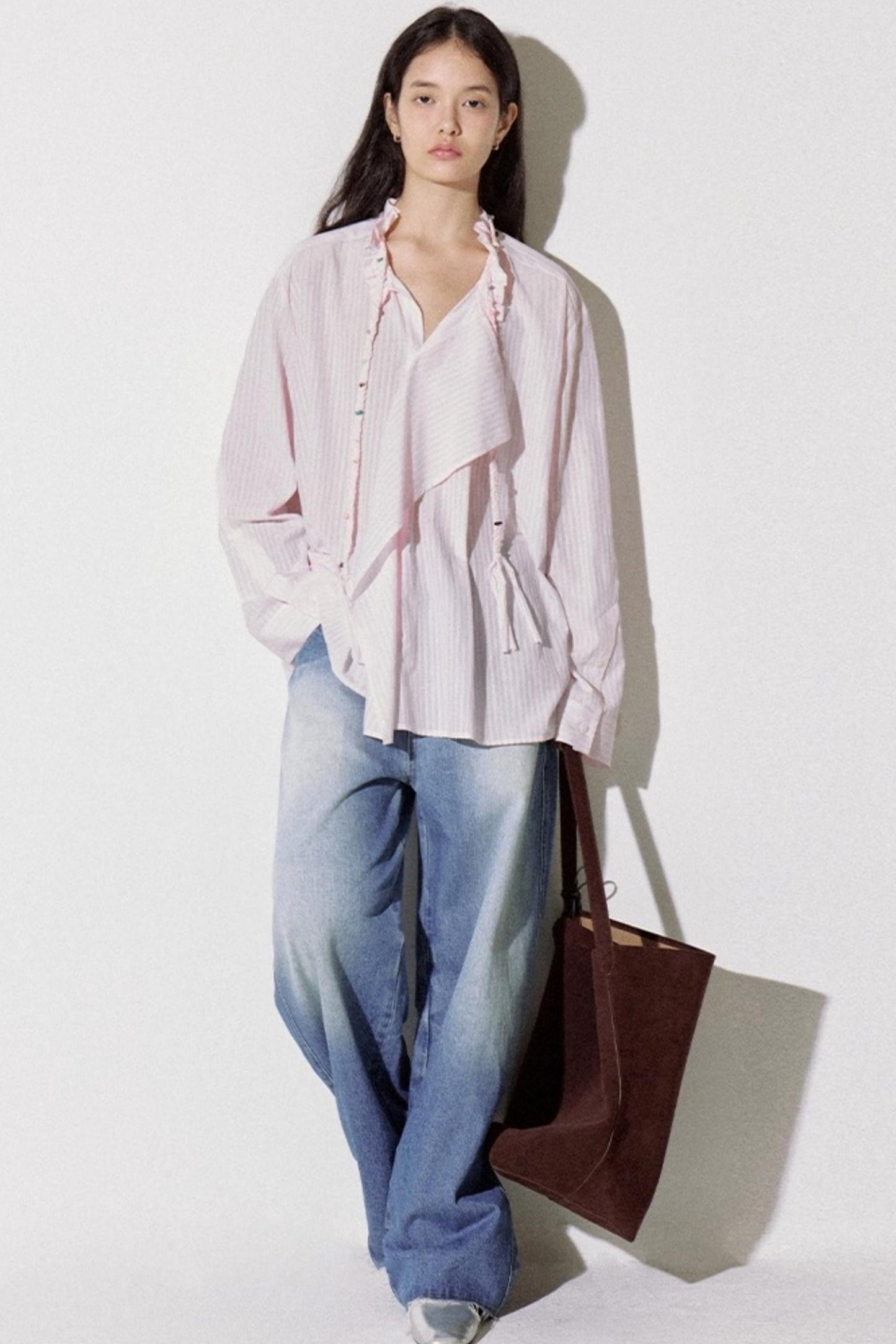 Asymmetrical Ruffle Striped Shirt