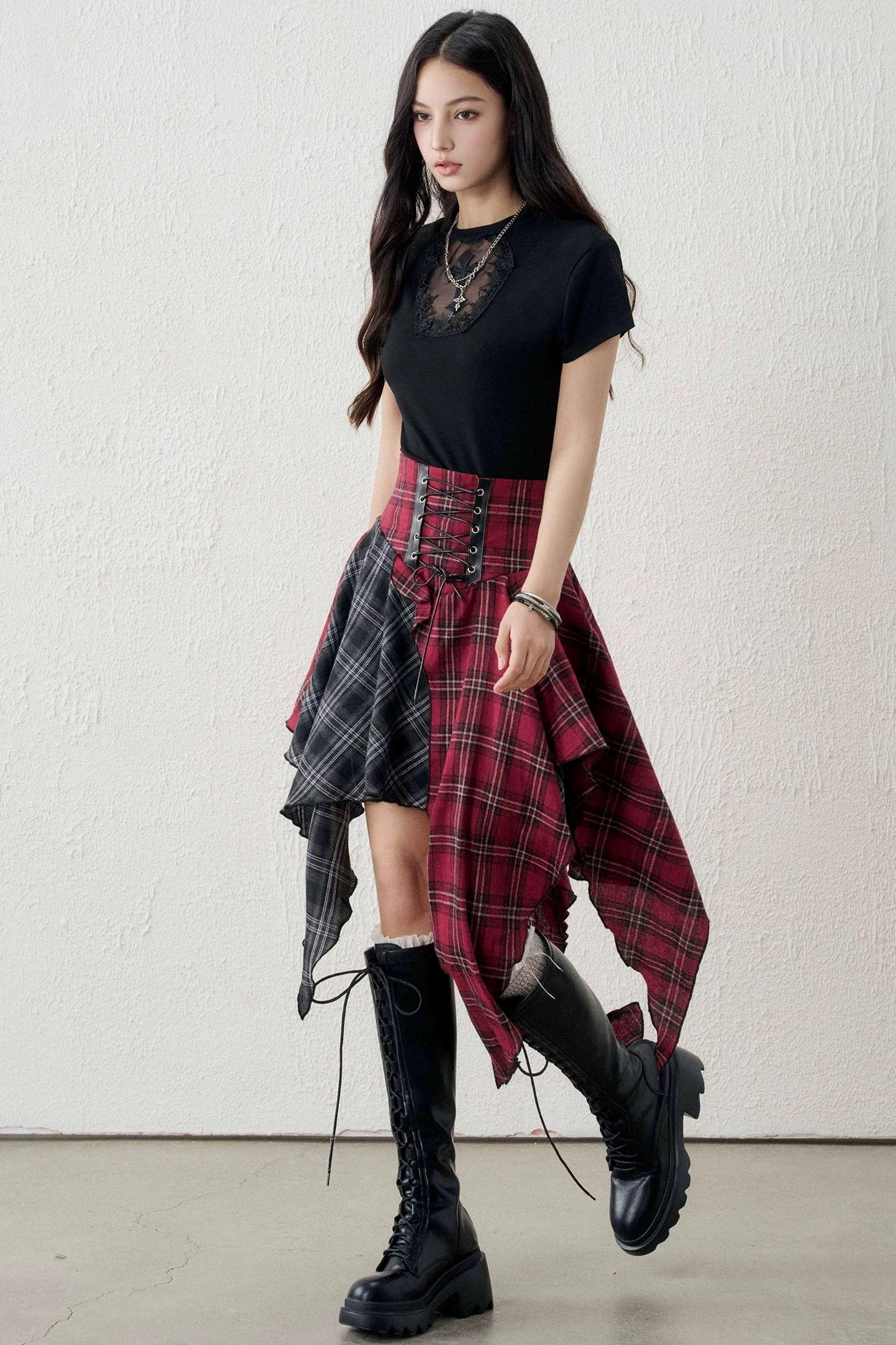 Irregular Plaid Patchwork Skirt