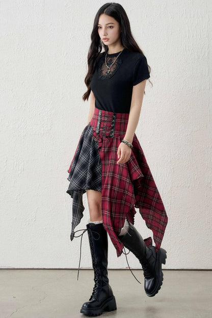 Irregular Plaid Patchwork Skirt