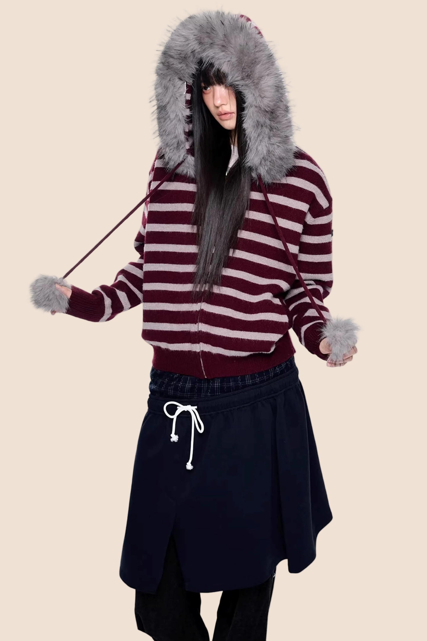 Fur Collar Striped Knit Cardigan