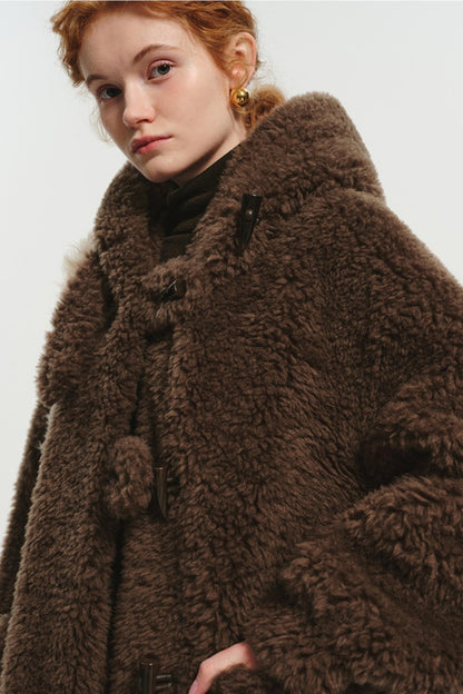 Hooded Horn-Button Full Wool Fur Jacket