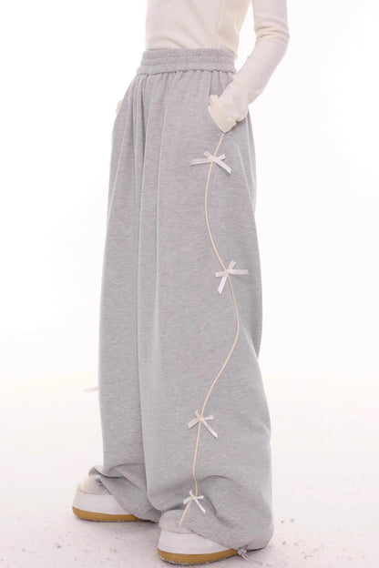 Gray Bow Wide-Leg Sweatpants
