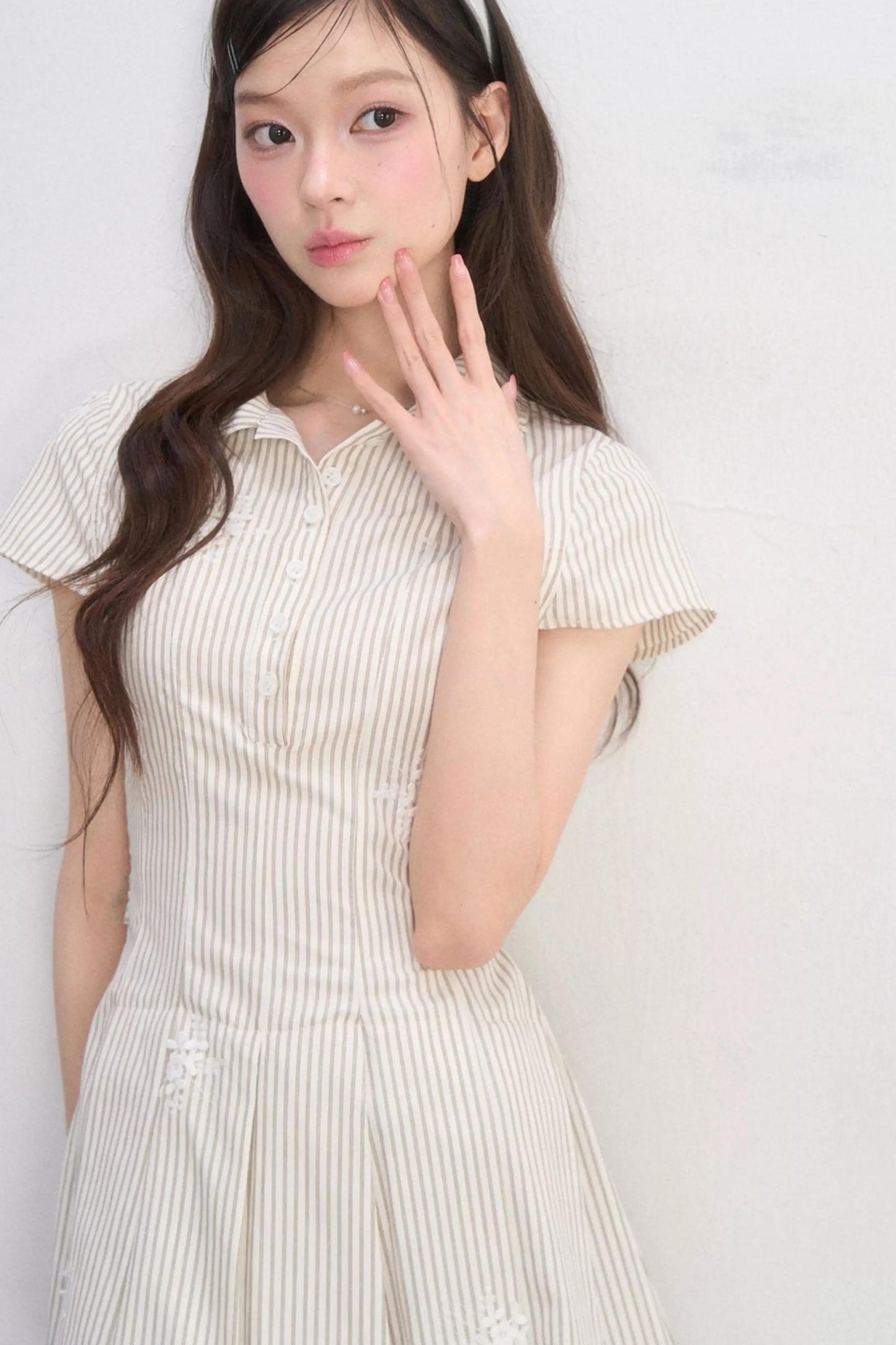 체크 플로럴 허리 조임 원피스