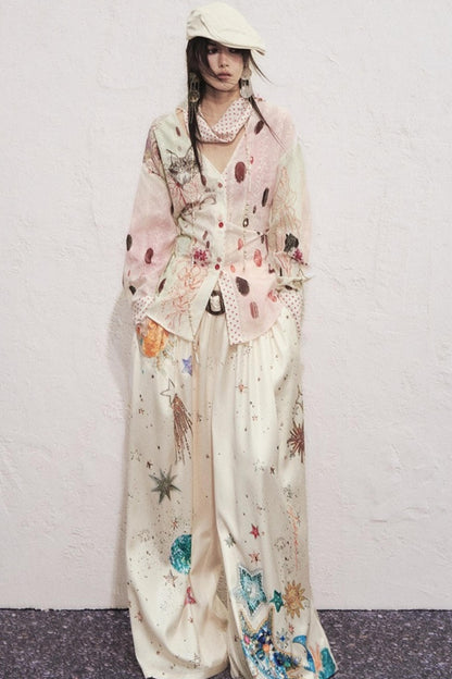 Watercolor Cat Polka Dot Lace-Up Shirt