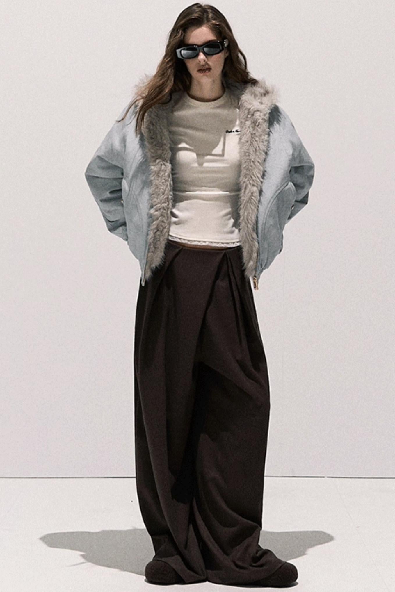 Tencel Wool Pleats Wide-Leg Pants