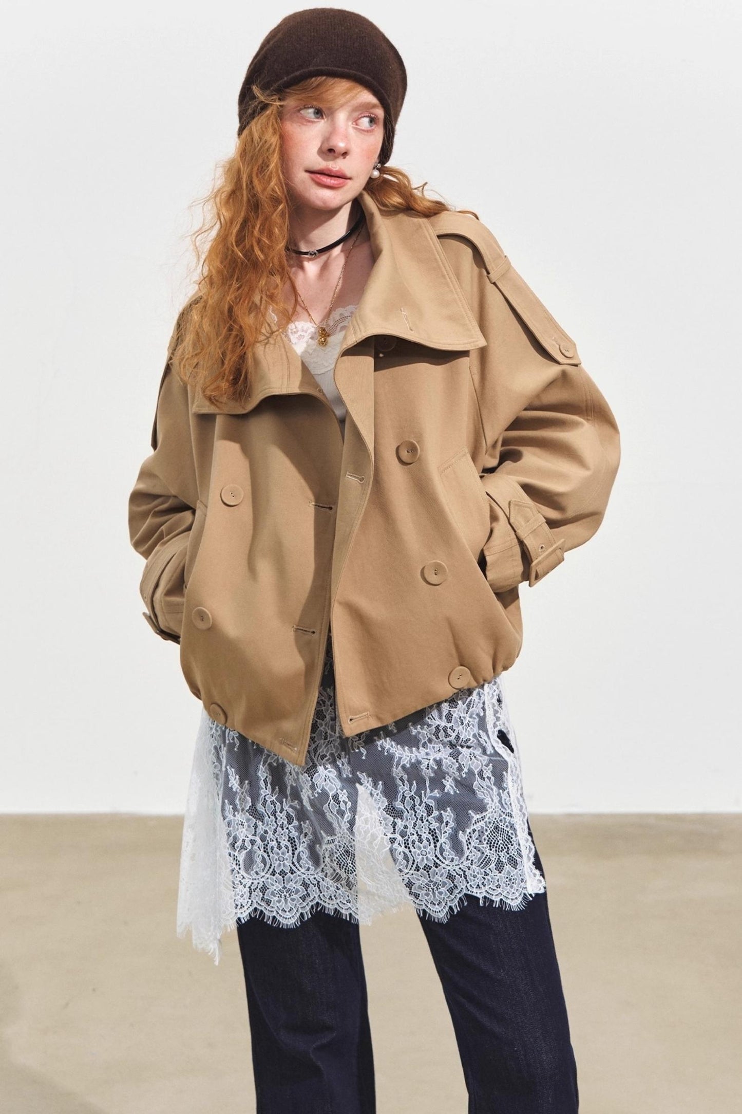 Slanted Stand-Up Collar Cropped Trench Coat
