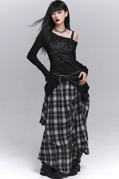 Gray Black Plaid Pleated Skirt