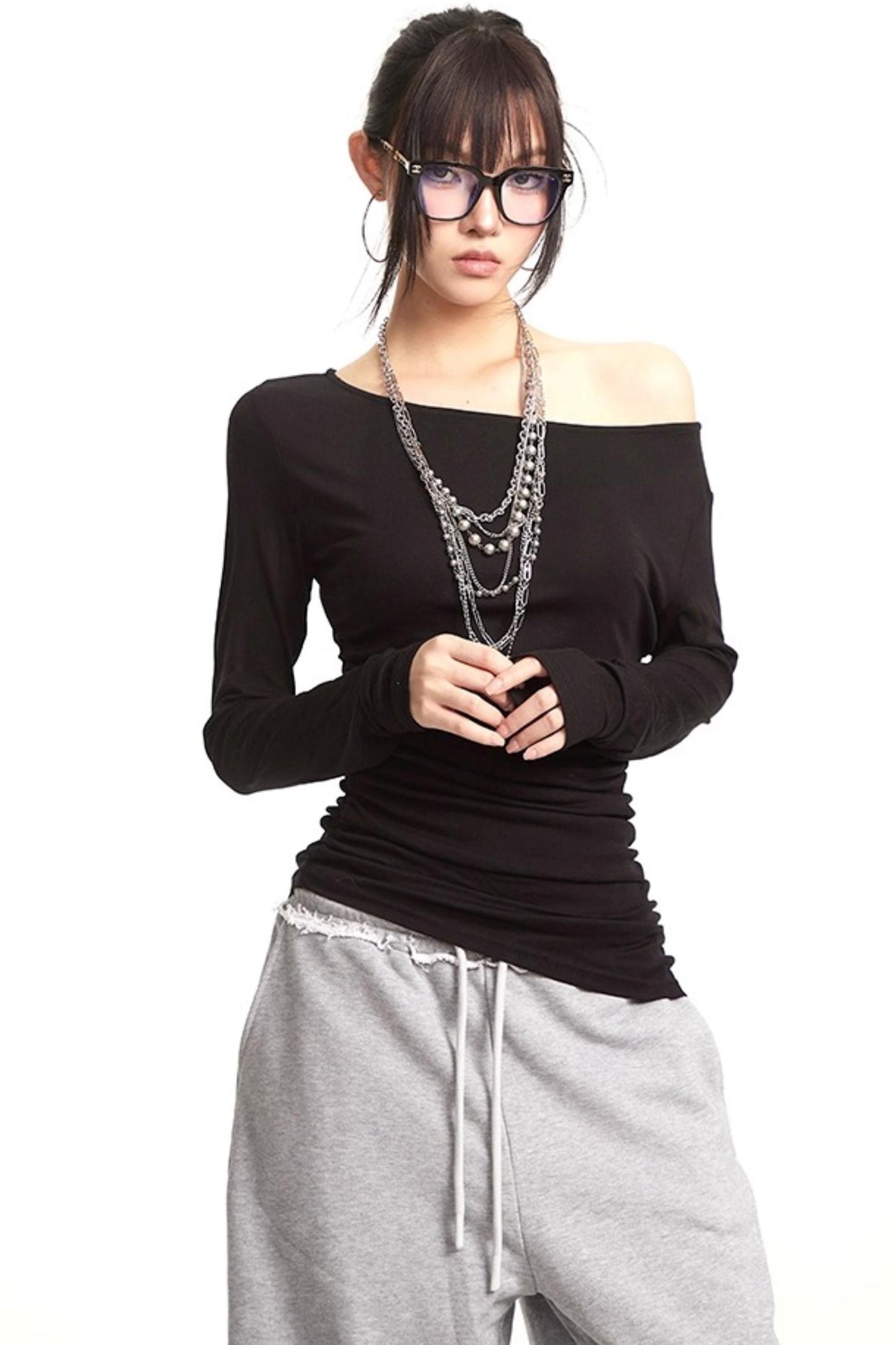 Slanted Shoulder Long Sleeve T-Shirt