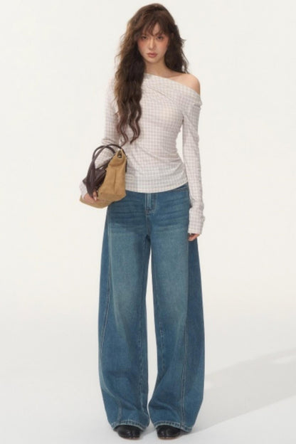 Velvet Plaid One-Shoulder Top