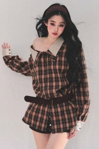 Off-Shoulder Plaid Shirt