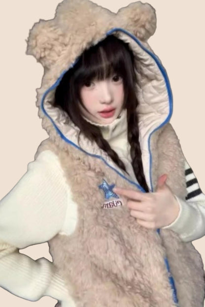 Bear Ears Faux Wool Hooded Jacket