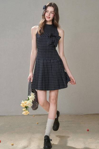 Elegant Bow Halterneck Check Pleated Dress