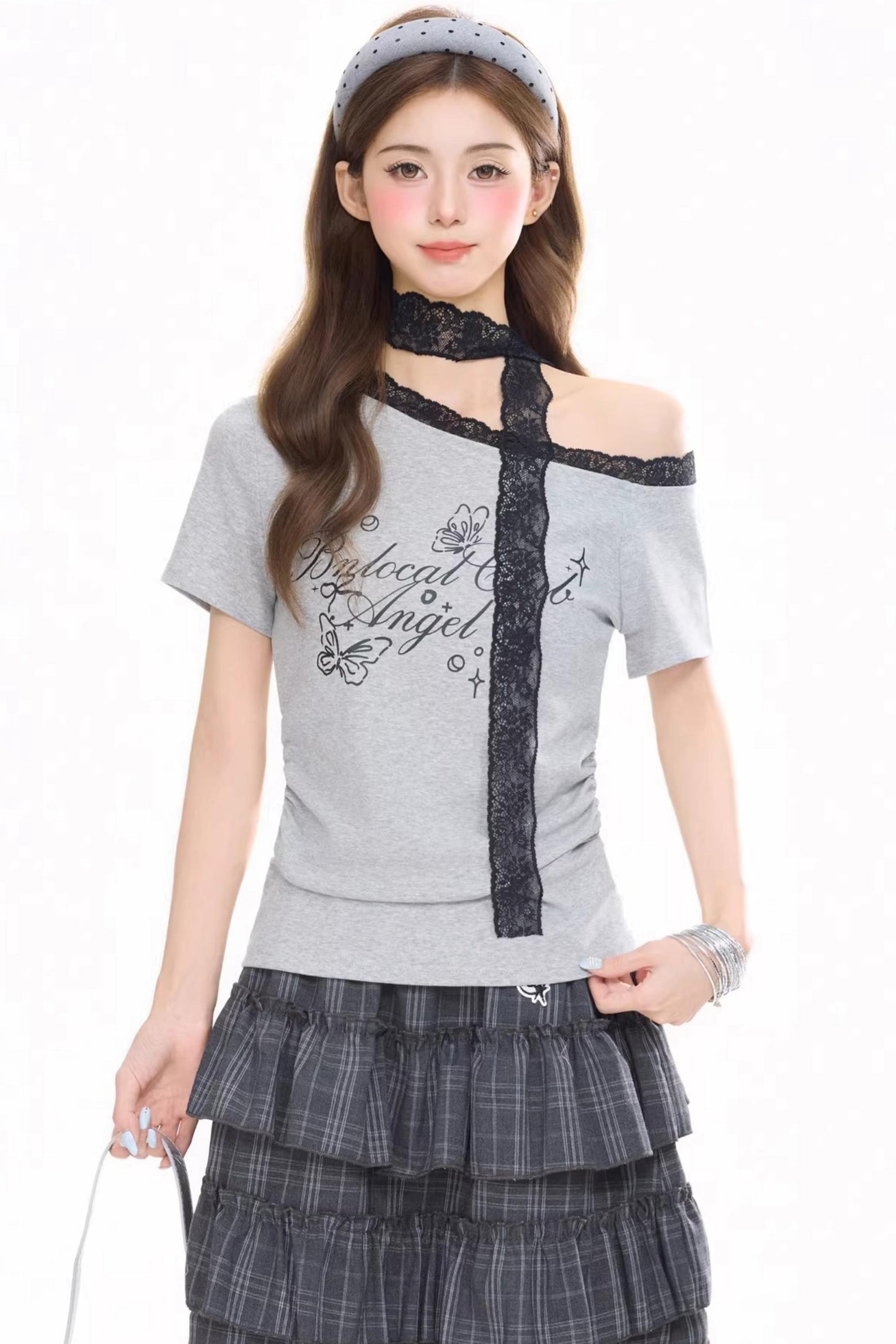 Lace Trim One-Shoulder Top