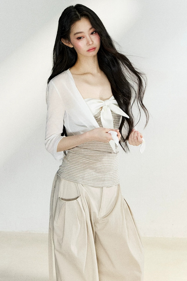 Two-Tone Striped Bow Cardigan Set-Up
