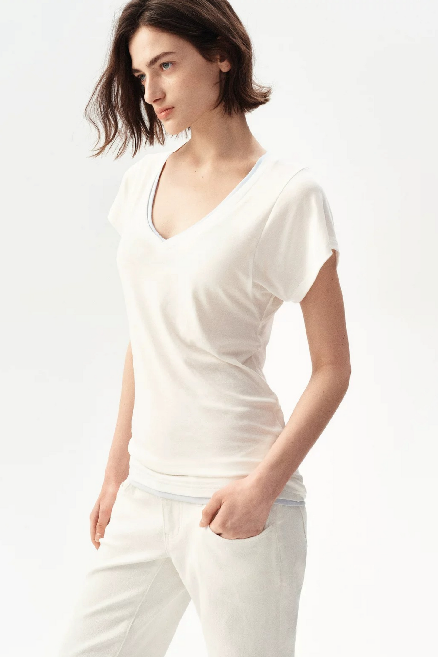 Minimalist Colorblock Deep V-Neck Wool Blend T-Shirt