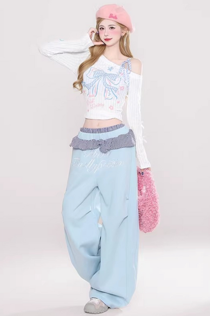 패치워크 자수 오프숄더 상의 셋업