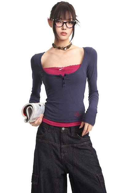 Slim Fit Fake Two-Piece Long Top