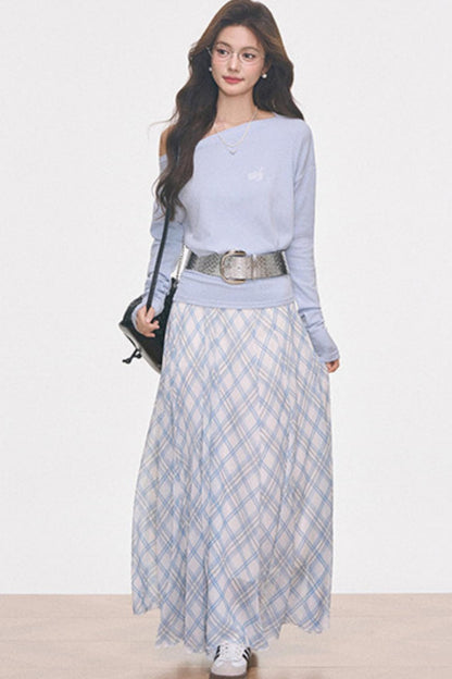 Knitted Off-Shoulder Top and Plaid Skirt Set-Up