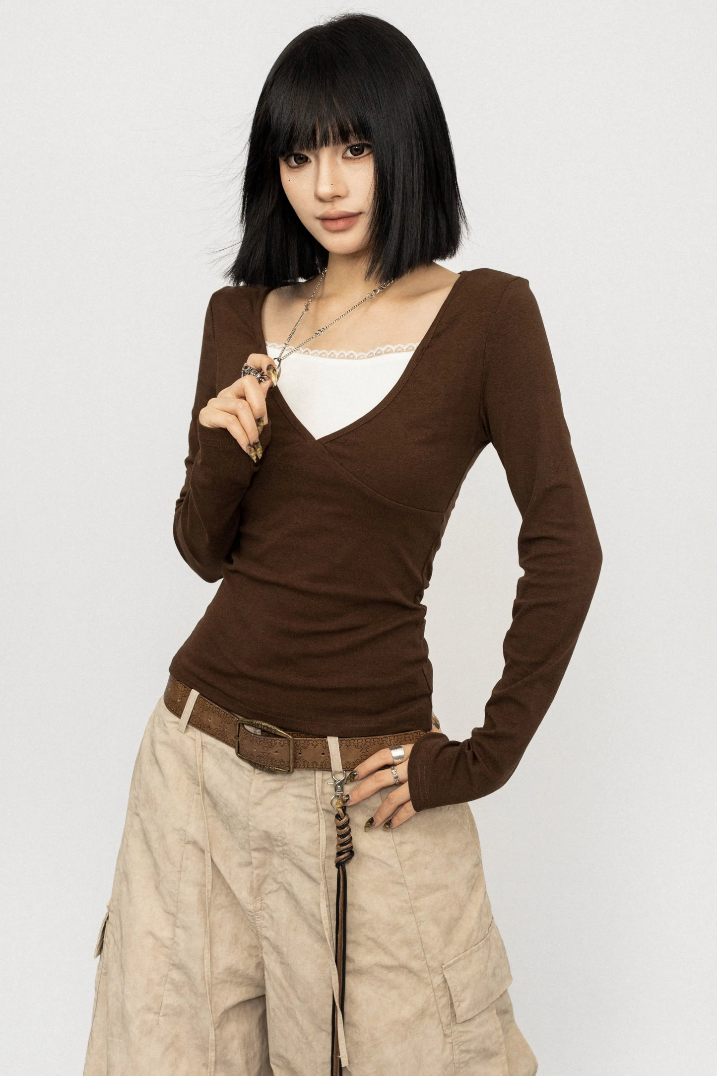 Retro Color-Block V-Neck Top