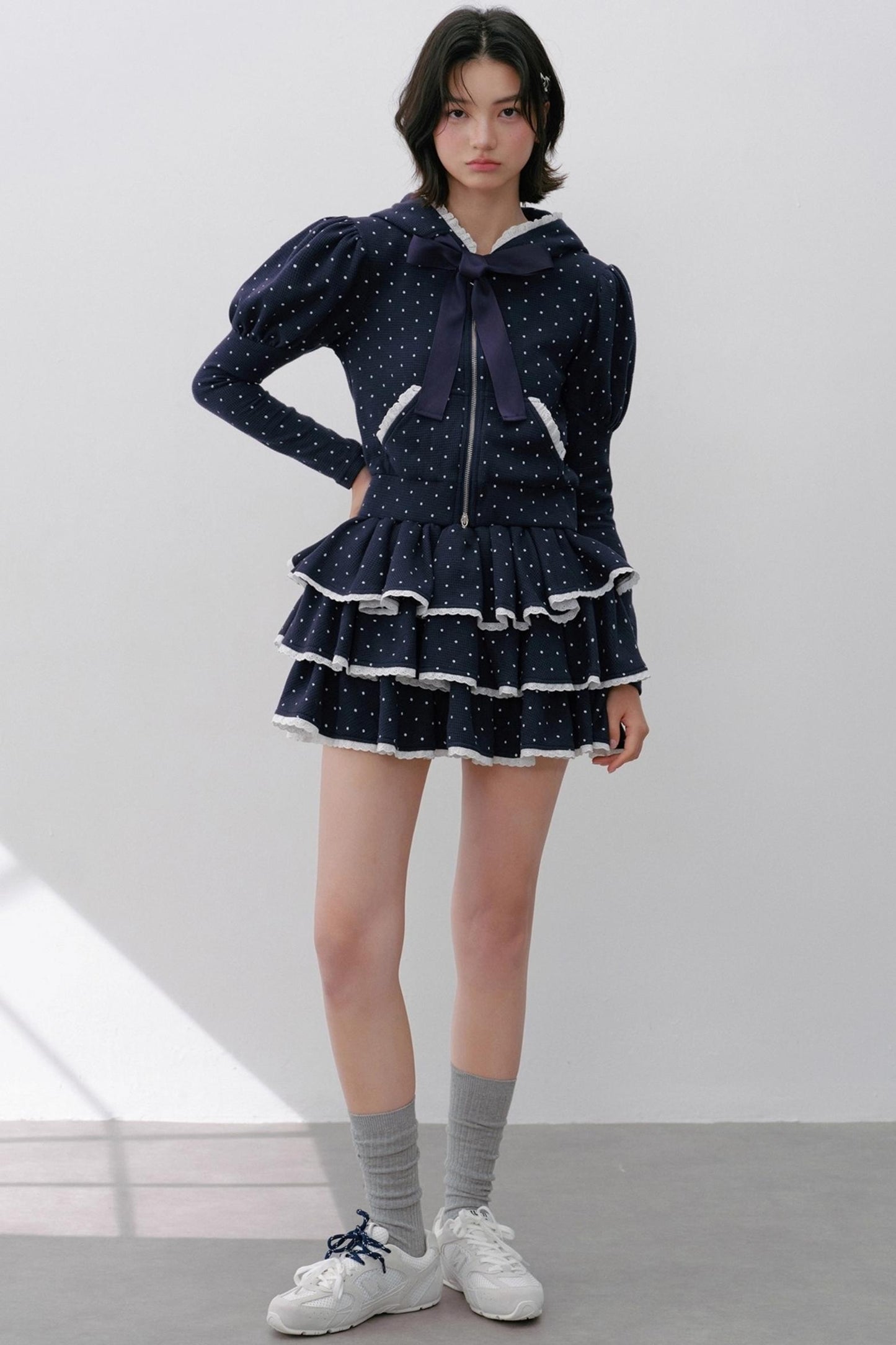 Hooded Polka Dot Tracksuit Skirt Set-Up