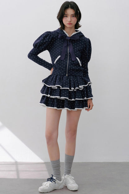 Hooded Polka Dot Tracksuit Skirt Set-Up