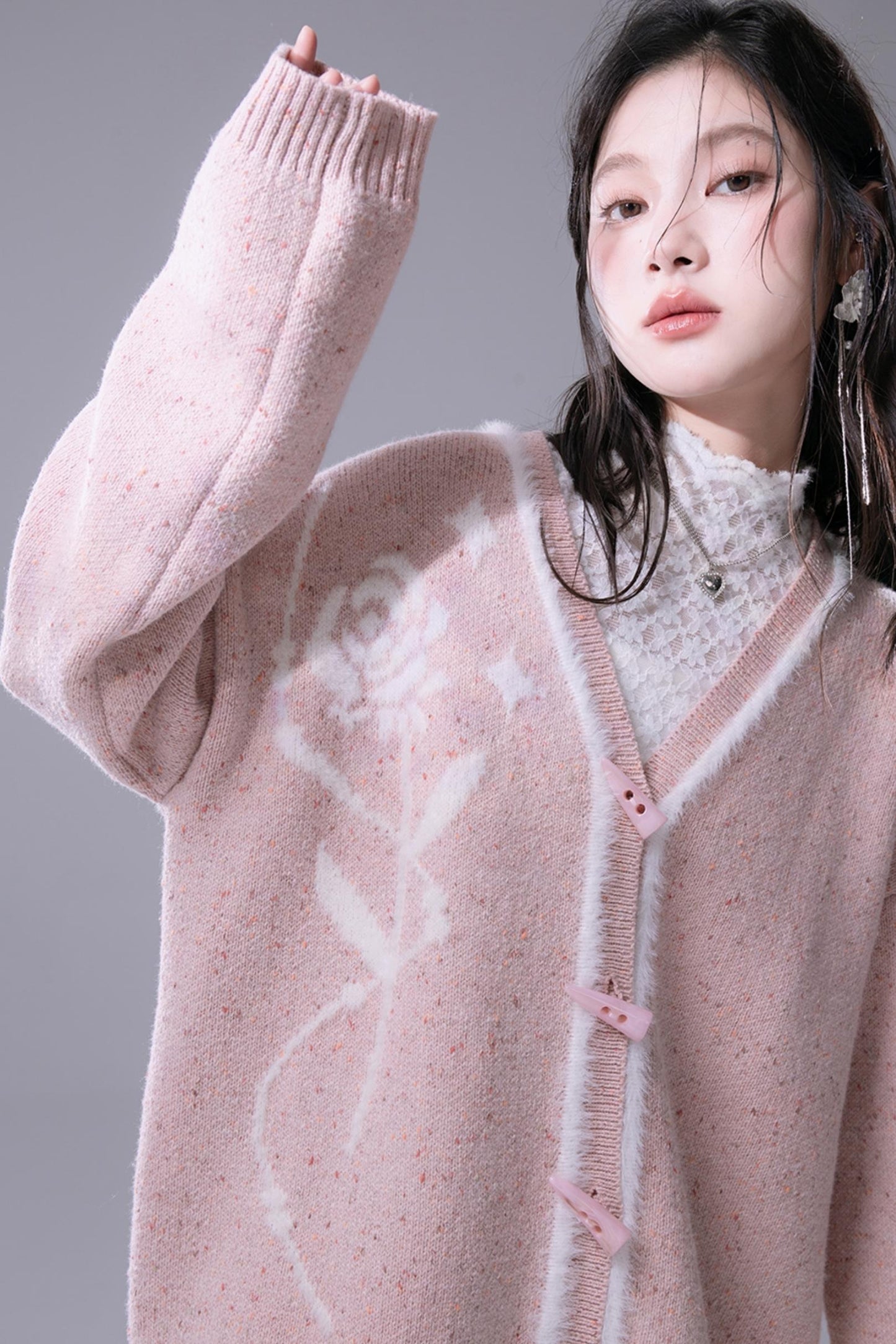 White Peach Rose Jacquard Cardigan