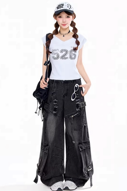 Retro Digital Print V-Neck Top