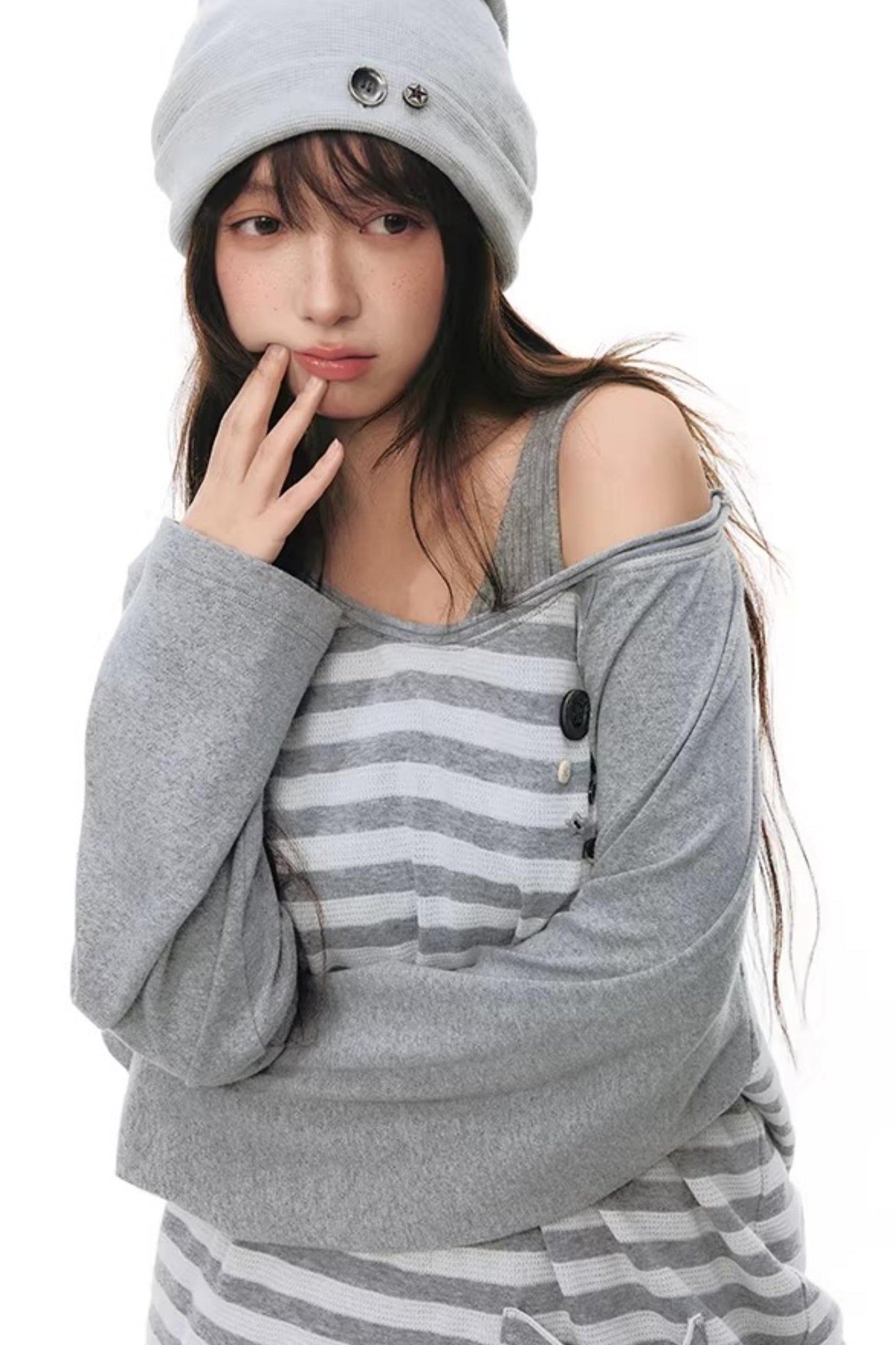 Button Striped Off-Shoulder Top