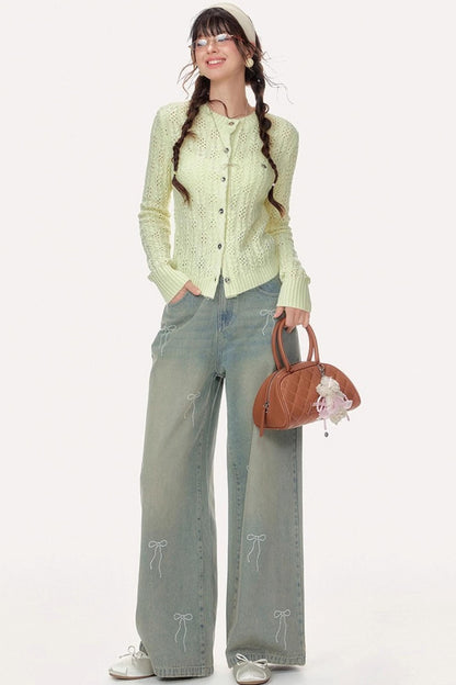 Vintage High-Waisted Diamond Bow Straight Pants