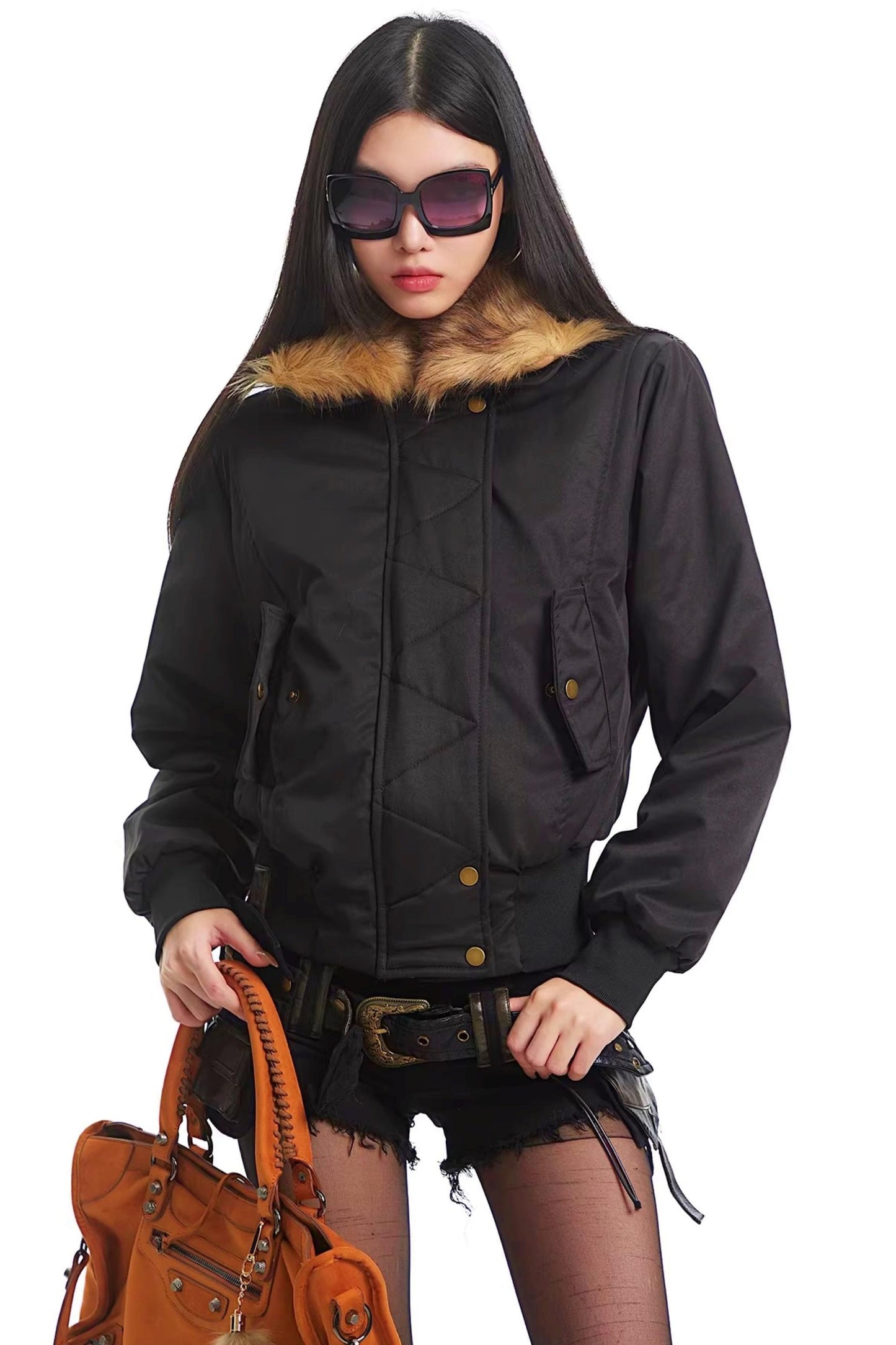 Korean Black Fur Collar Jacket