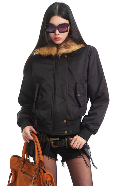 Korean Black Fur Collar Jacket