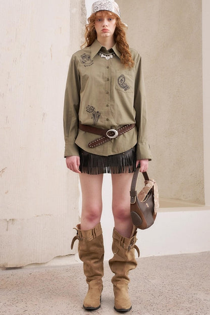 Cashew Flower Embroidered Long Sleeve Shirt