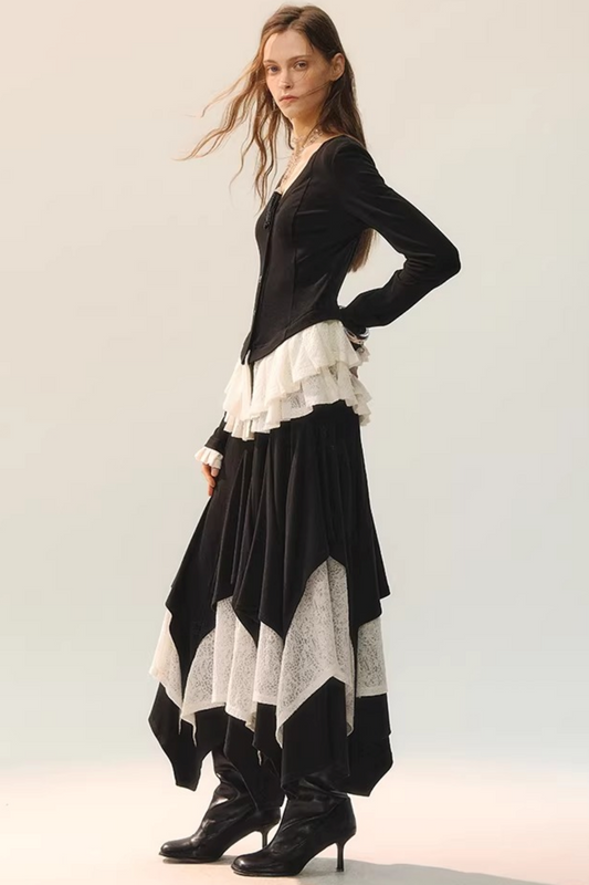 Black Wool Lace Top & Skirt Set-Up