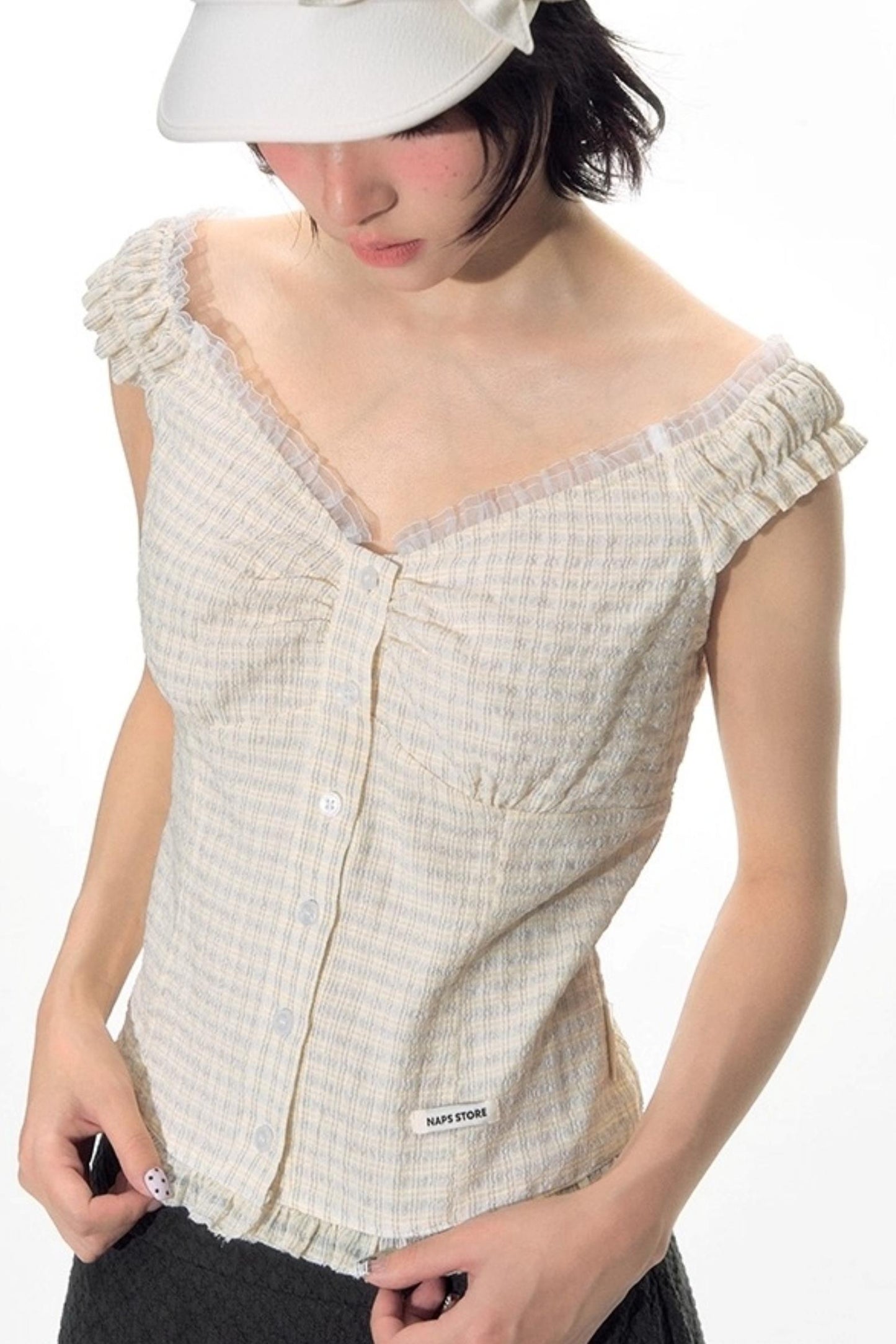 Checked Sleeveless One-Shoulder Shirt Set-Up