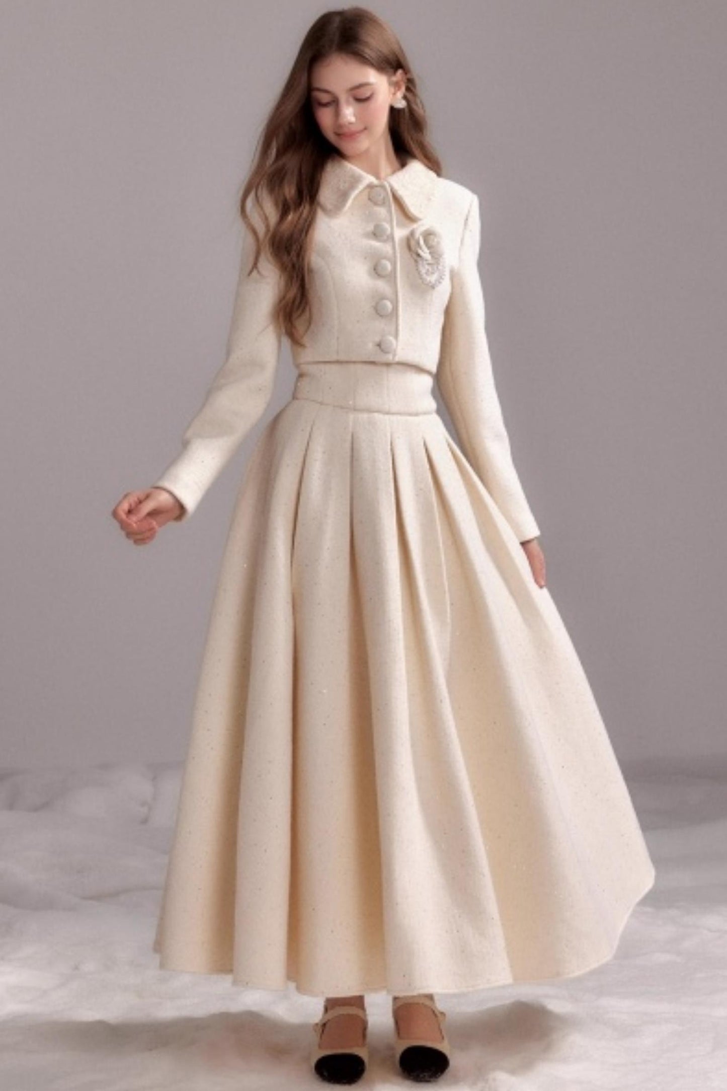 Thin Glitter Lapel Top & Pleated Skirt Set-Up